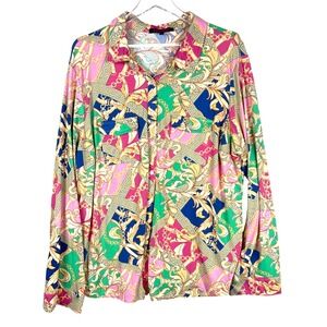 LOVE83 Cruise Easycare Stretch Blouse 3X Baroque Print Chain Pink Green Blue